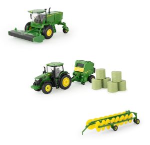 1/64 John Deere Haying set with W235R SP Windrower, 7R 250 Tractor, 561R Round Baler and Hay Rake